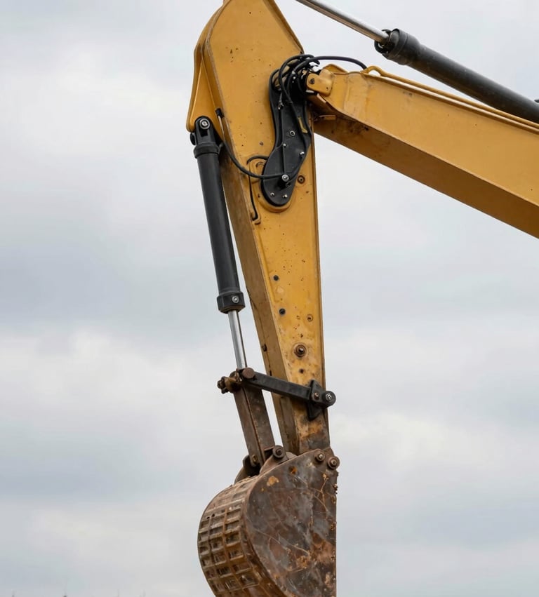 Close-up of a hydraulic excavator arm and bucket against a cloudy construction site sky, heavy steel detail visible, natural overcast daylight