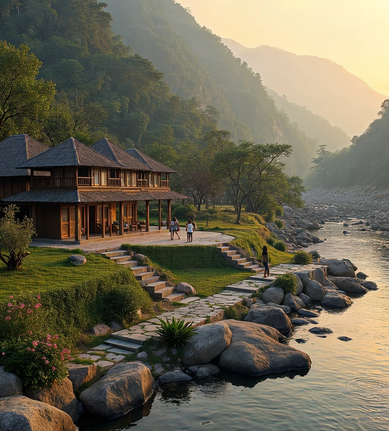 A serene Ayurvedic retreat on River Ganga in Rishikesh at sunrise, with yoga and meditation
