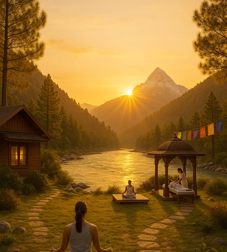 Yoga and natural therapy resort at sunrise on the banks of River Ganga in the Himalayas