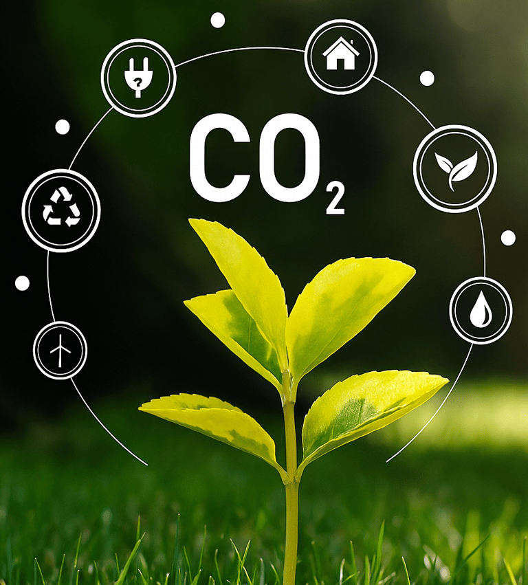 Feuille nature biodiversité et icones représentant les périmètres d'un plan d'action Bas Carbone