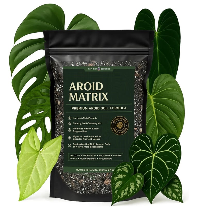Aroid matrix chunky soil mix designed for indoor aroid plants with bark, perlite, and drainage