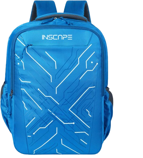 a peacock color backpack with line design print on it