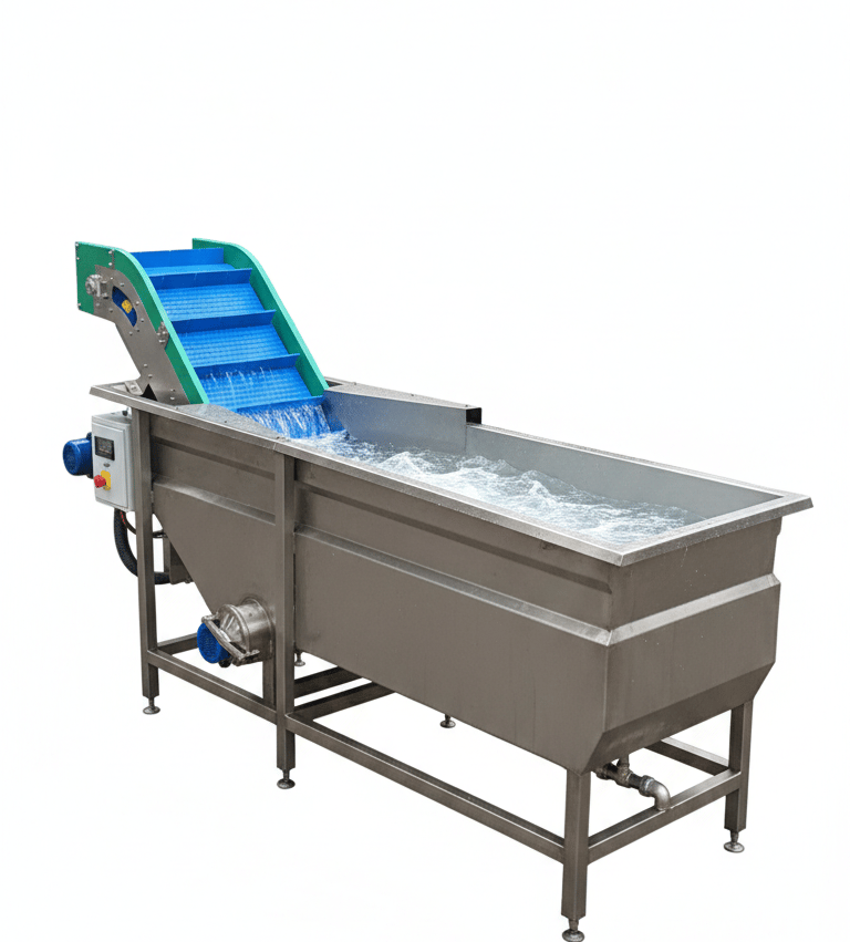 Stainless steel industrial vegetable washer with an integrated blue modular belt conveyor.