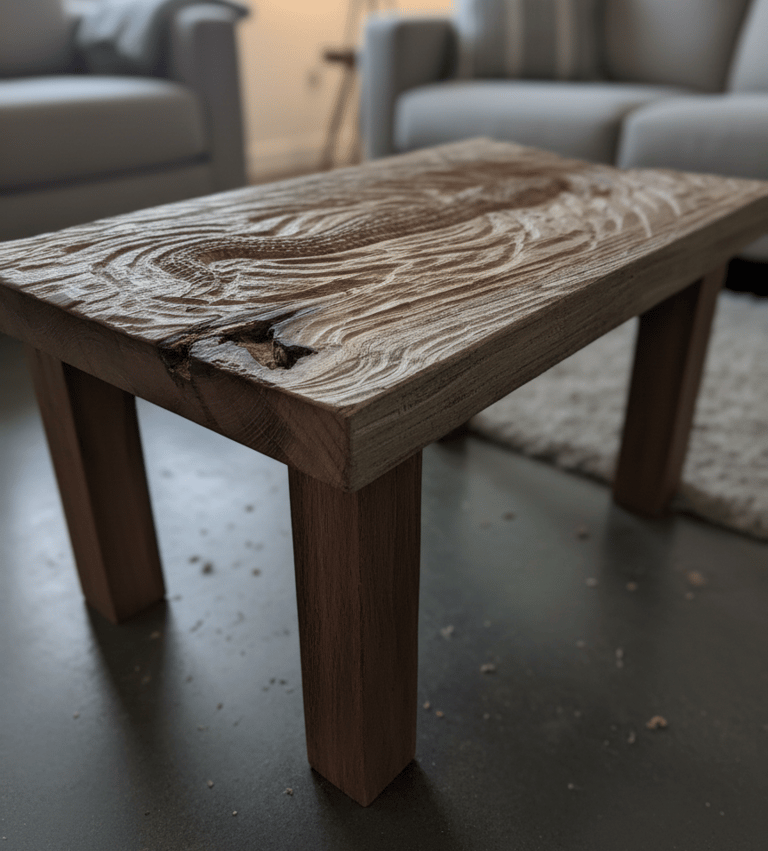 Mesa de centro rústica de madera tallada con superficie de cocodrilo en agua con vetas texturizadas