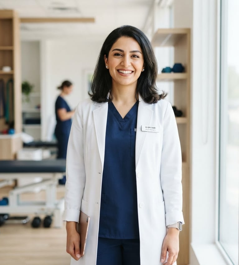 Professional portrait of Negin Rabi, a female physiotherapist, in a bright, modern clinical setting, smiling confidently, natural window daylight, crisp white and navy tones, shallow depth of field, 35mm lens. She is wearing professional attire.
