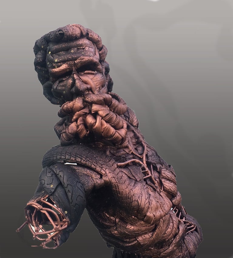 Sculpture made by recycling old bicycle tyres over a welded steel frame. Recycled sculpture