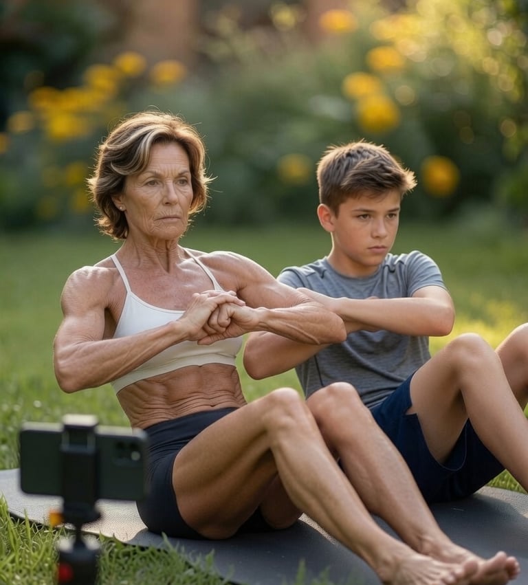 abs workout teen and grandmother in garden