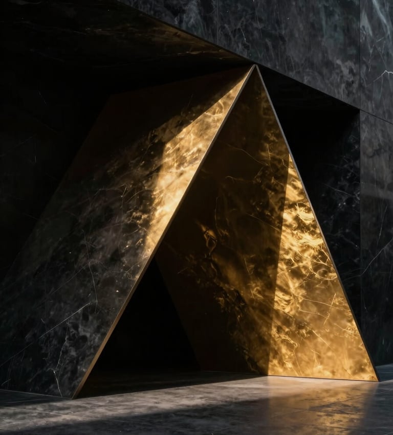 Low-key dramatic portrait of abstract obsidian architectural geometry, sharp angles, single-source gold metallic lighting casting deep shadows, ultra-premium aesthetic.