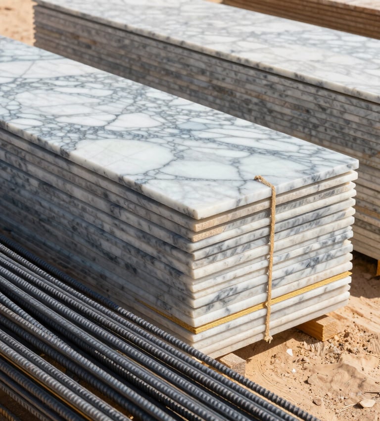 Sharp architectural photography of organized stacks of premium building materials, featuring polished marble slabs and structured steel rebars in the foreground, bright natural desert daylight casting crisp defined shadows, clean geometric composition, 35mm