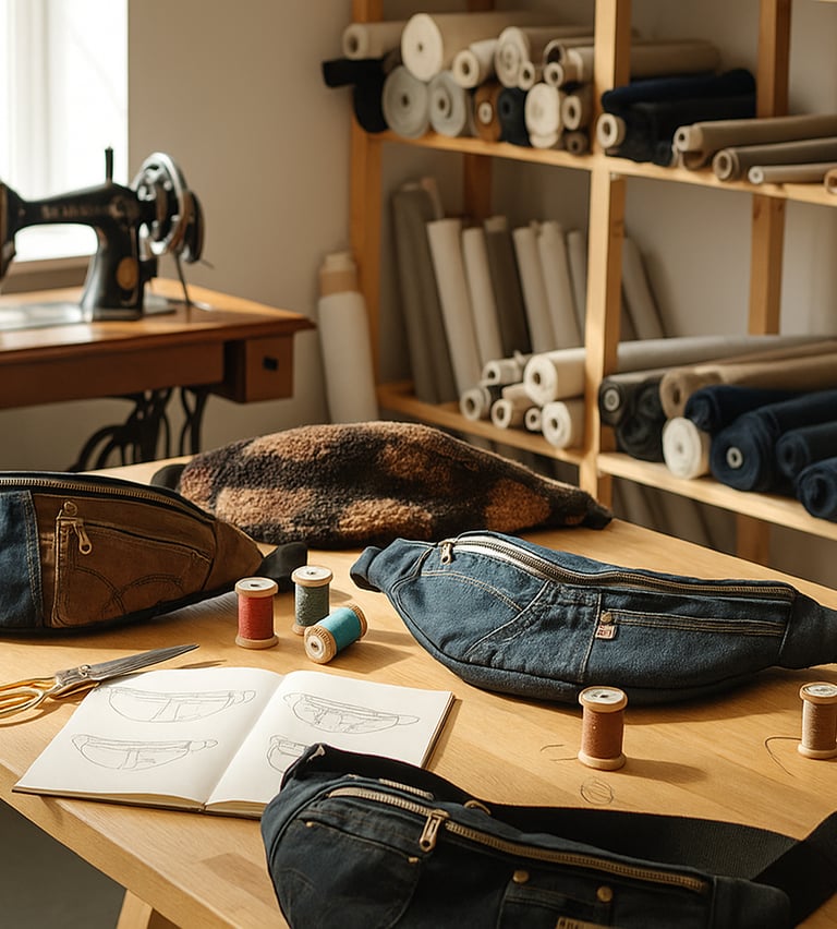 plusieurs sacs banane fait main fait main avec du jean recyclé posés sur une table dans un atelier