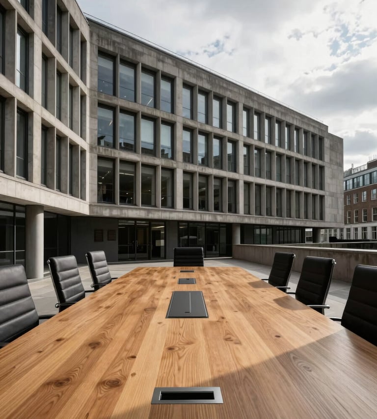 Extreme wide-angle architectural shot of a brutalist corporate boardroom in London, overcast daylight casting sharp shadows on a heavy oak table, minimalist and authoritative.