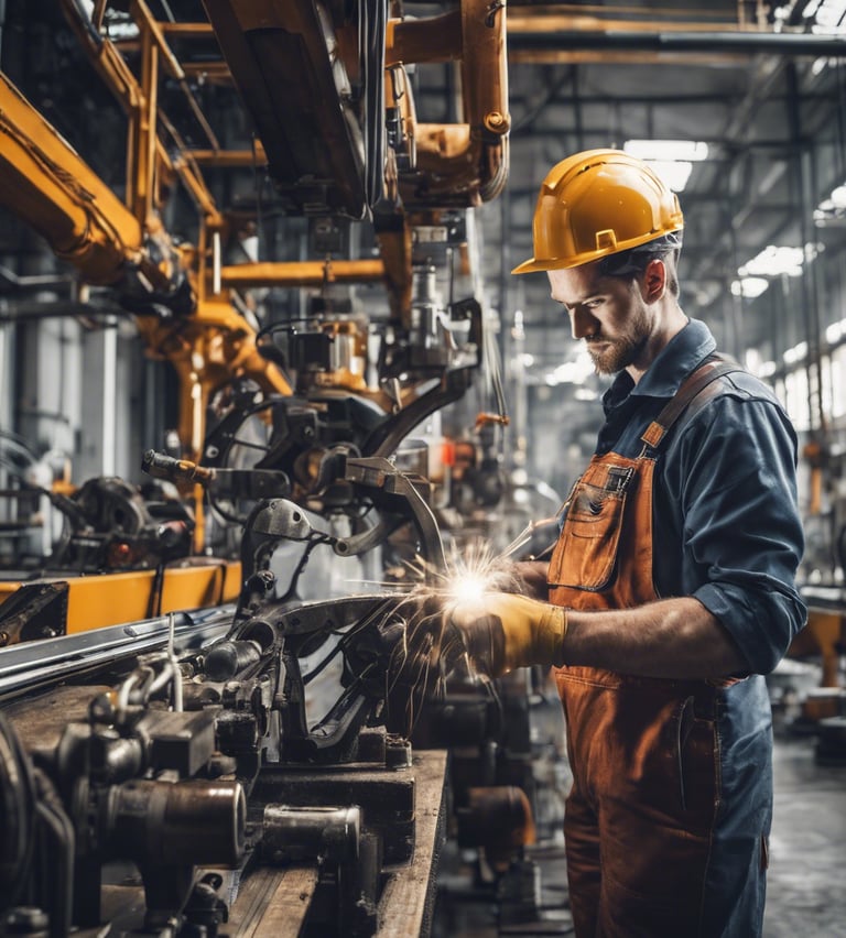 Industrial factory worker in a hard hat and overalls welding metal parts with sparks flying.