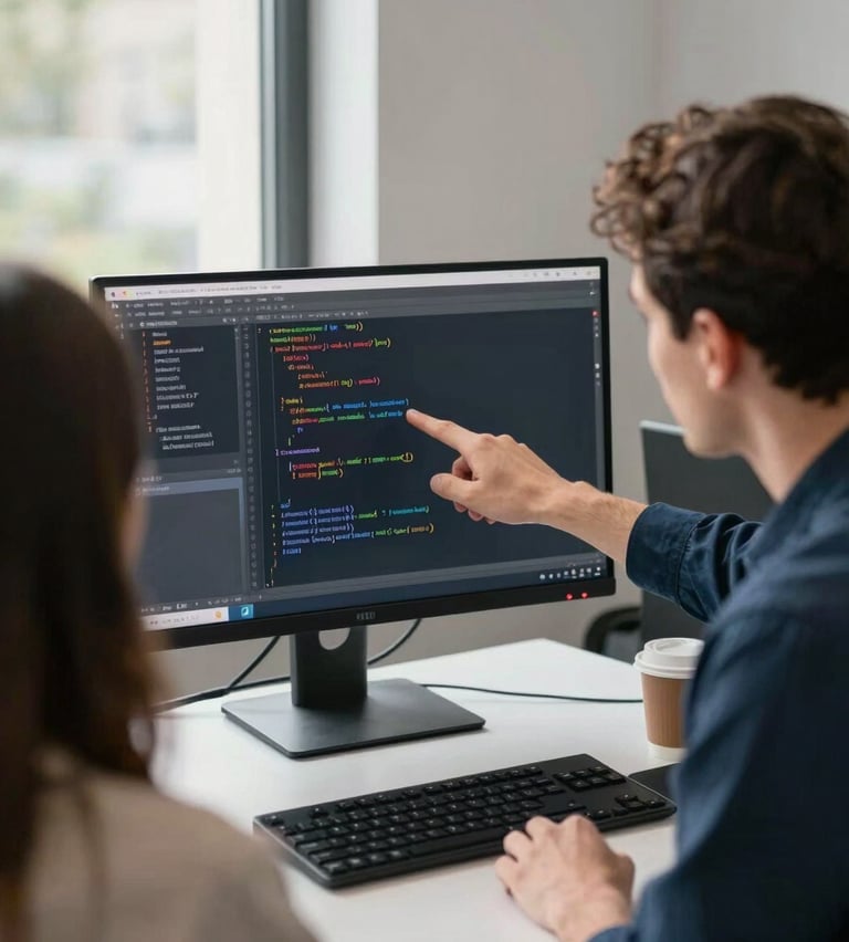 Over-shoulder view of two developers reviewing code on a large monitor in a working office, one pointing at the terminal output, natural daylight from a window to the left, keyboard and coffee cup visible on the desk
