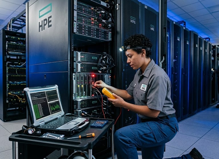 An IT technician performs maintenance on HPE servers in a high-tech data center using a diagnostic laptop.
