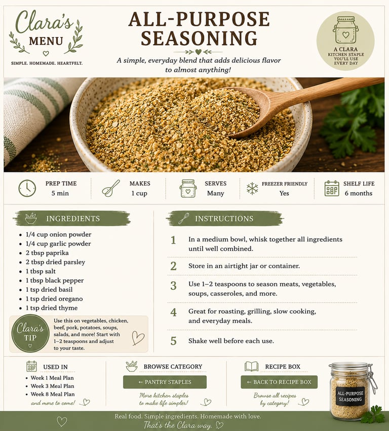 Recipe card for Clara's All-Purpose Seasoning with ingredients like garlic powder, paprika, and dried herbs.