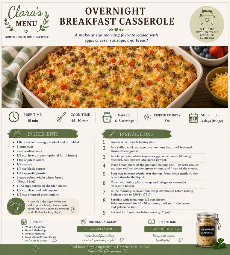 Overnight breakfast casserole recipe card with sausage, eggs, cheese, and red peppers.