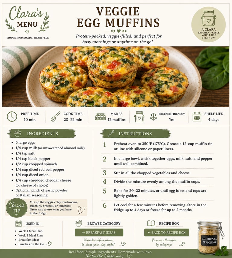 Recipe card for Veggie Egg Muffins with spinach, red bell pepper, and cheddar cheese ingredients.