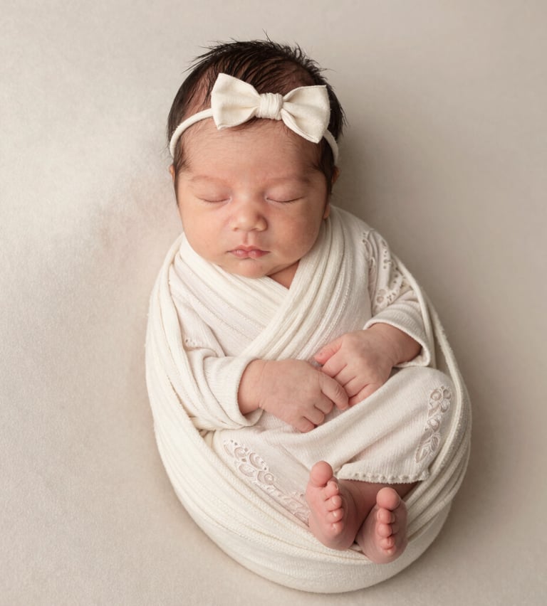 A peaceful newborn wrapped in a soft blanket, sleeping gently with a soft-focus background.
