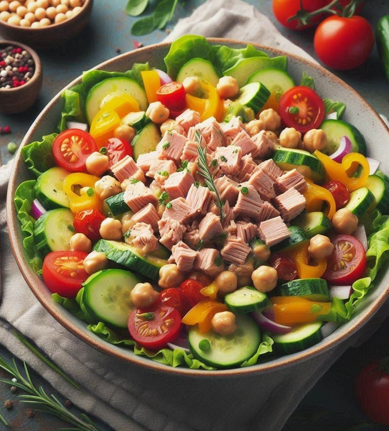 Deliciosa Salada de Grão-de-Bico com Atum e Vegetais Frescos  Esta vibrante salada da VidaFit&Receit