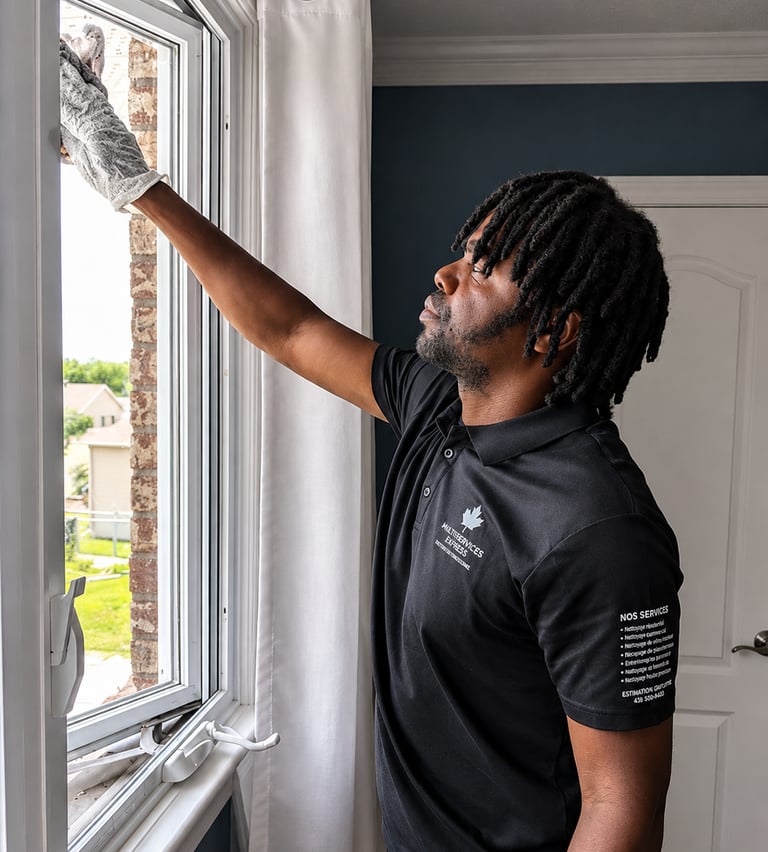 Professional window cleaner in a black polo shirt wiping a residential window frame with a microfiber cloth.