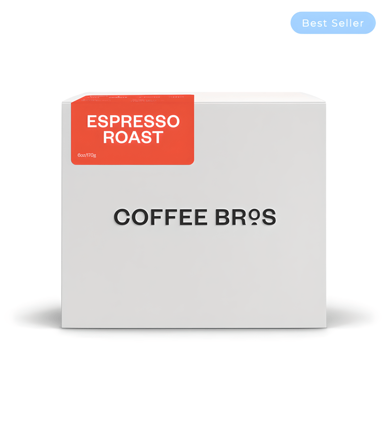 A box of Coffee Bros Espresso Roast whole bean coffee with a red label on a white background.
