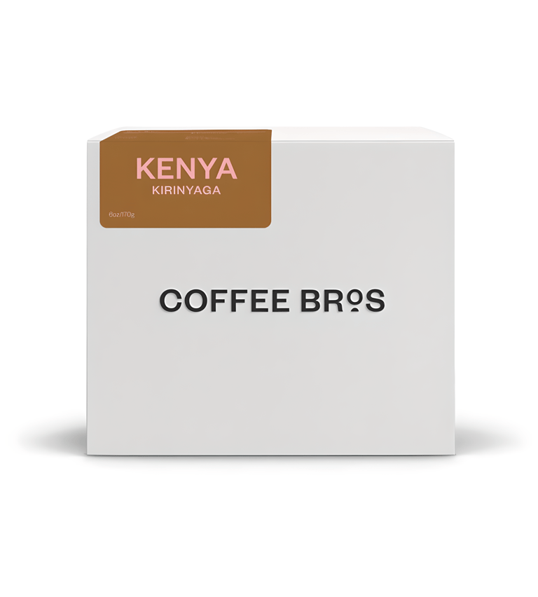 Coffee Bros Kenya Kirinyaga single-origin coffee beans in a white box packaging.