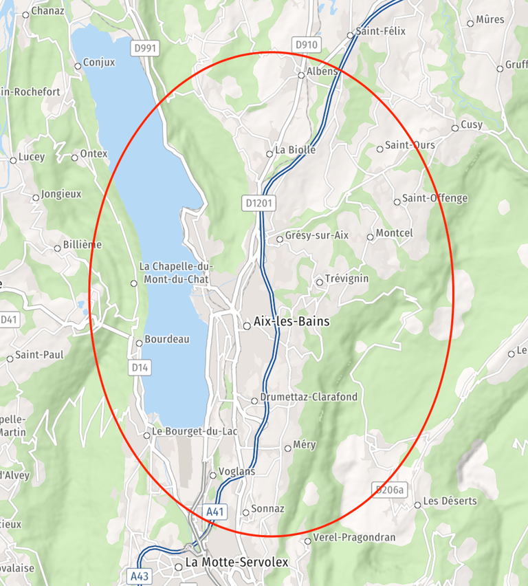 Carte Aix-les-Bains avec rayon de 10 km