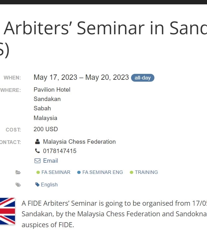 FA Seminar 2023 Conducted By The Sandokan Chess Club in Sabah, Malaysia. 