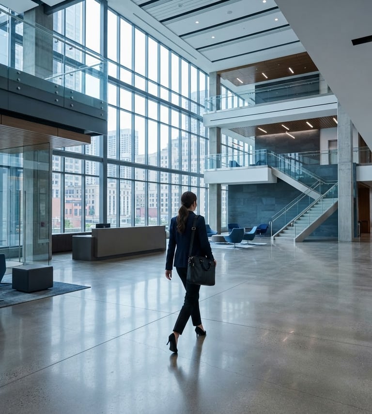 Wide corporate lobby, modern architectural lines, bright natural office light, cool blue and slate tones, sharp focus, architectural depth, a single professional figure walking to the right, view from behind.