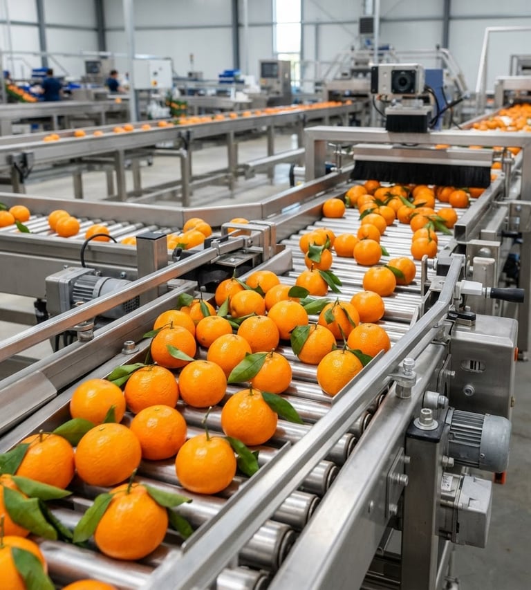 Close-up of vibrant Kinnow mandarins moving on a stainless steel automated sorting line, bright, clean, clinical daylight, sharp focus, 35mm architectural lens, high-tech industrial setting.
