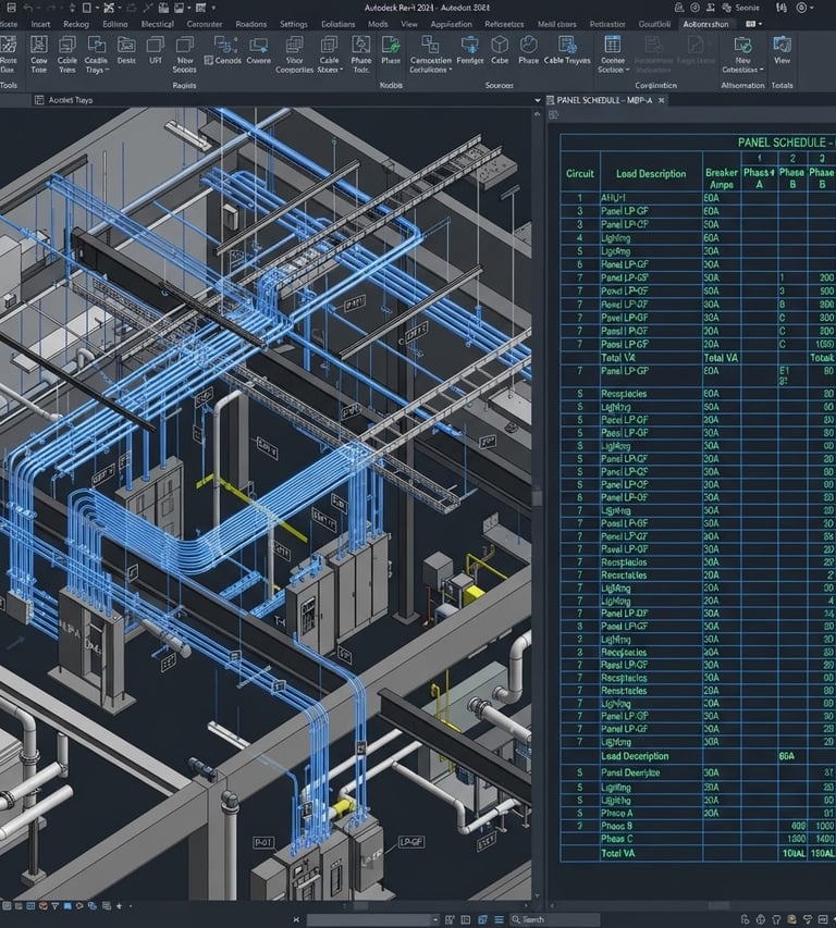 Revit electrical model screenshot, complex conduit routing highlighted in electric blue, technical parameters and automated schedule table visible in split-screen, high-contrast dark mode UI, sharp digital rendering, 8k resolution