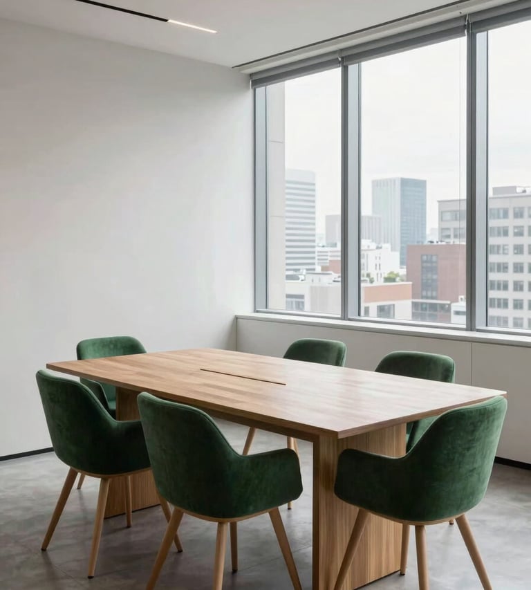 A minimalist and bright office meeting room with a large wooden table, chairs in forest green, and a large window overlooking a city, conveying clarity and professionalism.