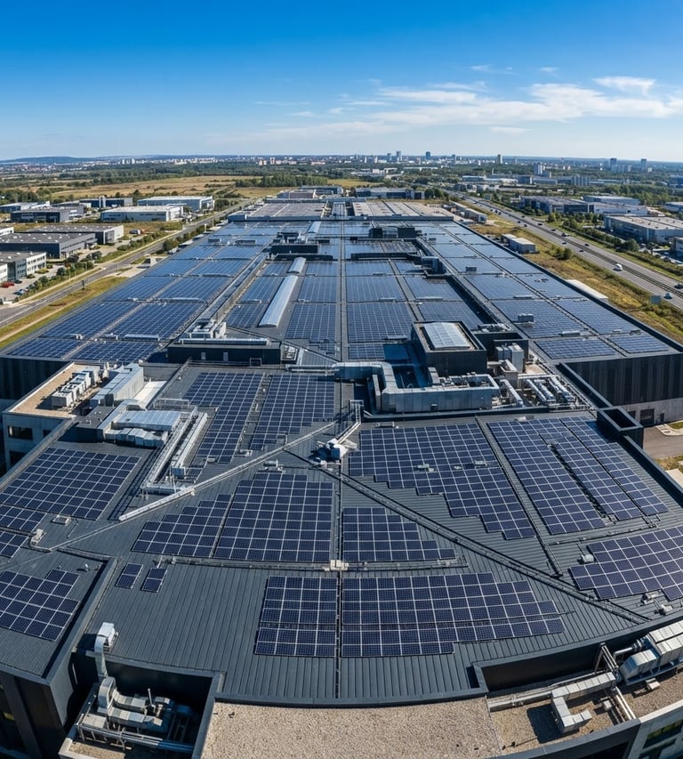 Wide-angle drone shot of a modern factory rooftop with Sunicorn Solar panels, crisp sunlight, architectural framing, high-contrast blue and slate tones.