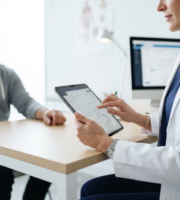 Konsultasi medis di ruangan bersih minimalis dengan dokter profesional berjas lab putih, fokus pada tangan dokter yang memegang tablet, tanpa wajah pasien, pencahayaan alami cerah.