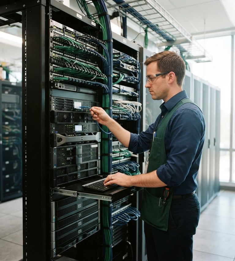 IT engineer configuring a server rack, bright natural daylight, crisp navy and green accents, sharp focus, 35mm