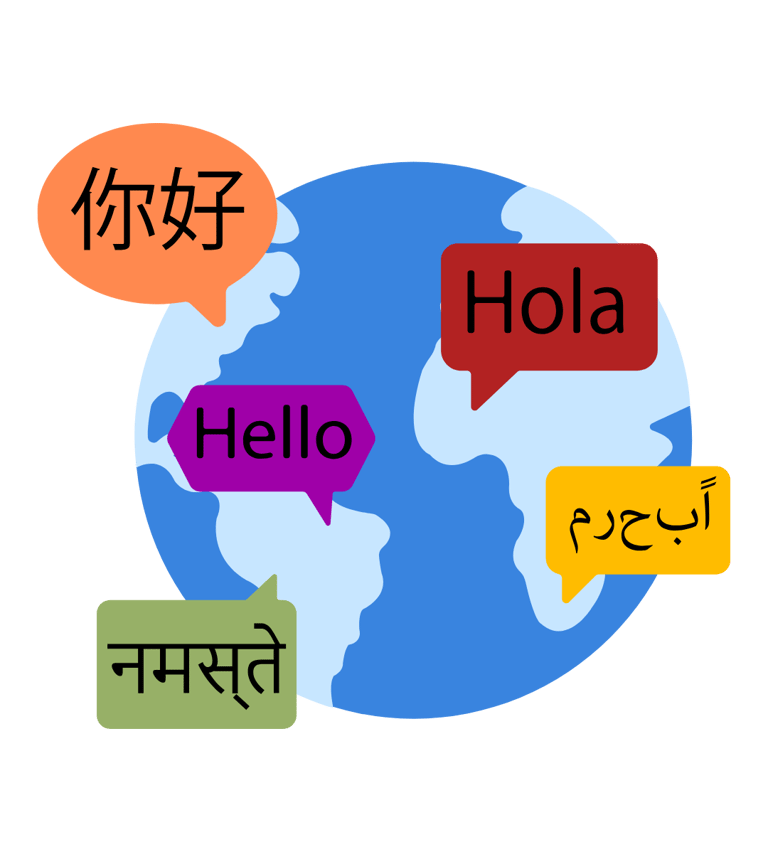 Globe illustration featuring speech bubbles with hello in different languages for video localisation
