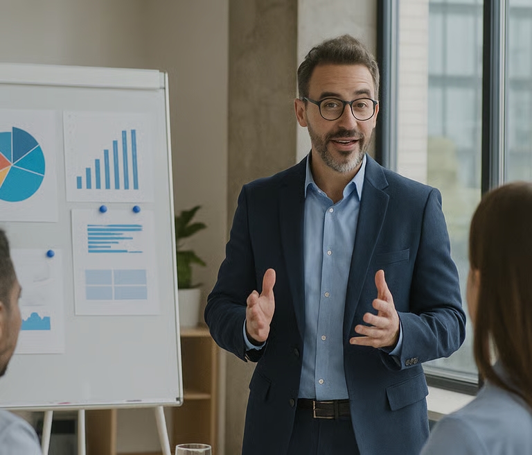 Instructor con anteojos gesticula y explica gráficas en un pizarrón durante la capacitación empresar