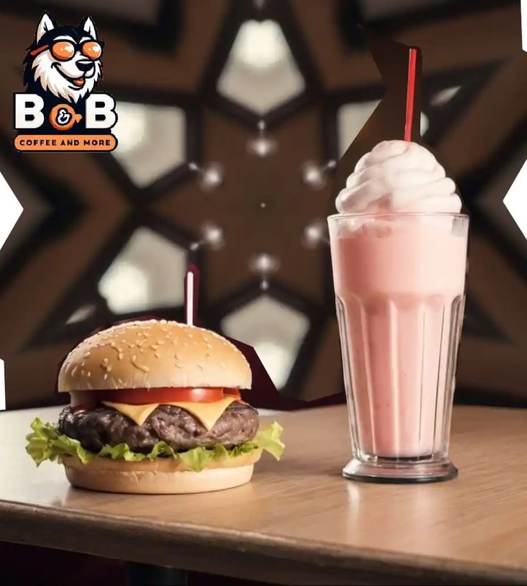 hamburguesa con lechuga fresca acompañada de una malteada de fresa