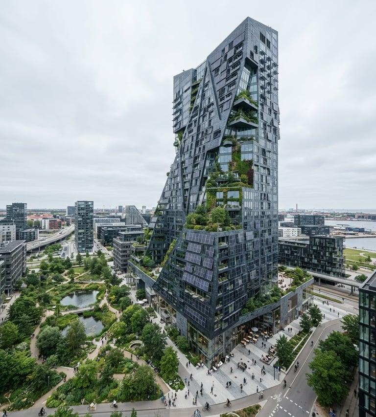 Wide panoramic view of a modern skyscraper integrating green technology, solar panels on the facade, urban park at its base, natural overcast daylight, cool slate and deep emerald tones, wide-angle lens, realistic