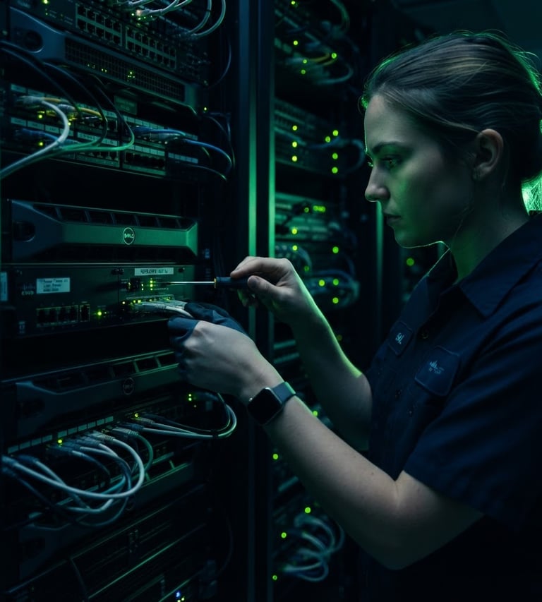 Technician adjusting a repeater in a server rack, sharp green rim light, deep navy tones, 85mm
