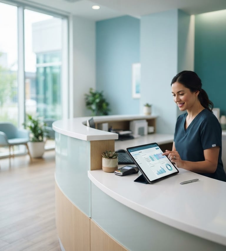 Wide shot of a modern, clean clinical front desk with a digital tablet displaying data, bright natural daylight, cool blue tones, professional editorial style, 50mm lens, shallow depth of field.