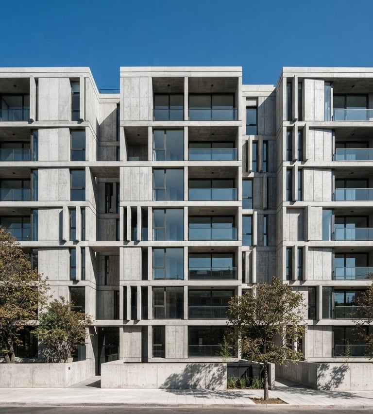 Wide architectural elevation of a modern concrete building facade, clean lines, sharp shadows, bright direct daylight, high-contrast cool tones, 50mm lens, industrial minimalism.