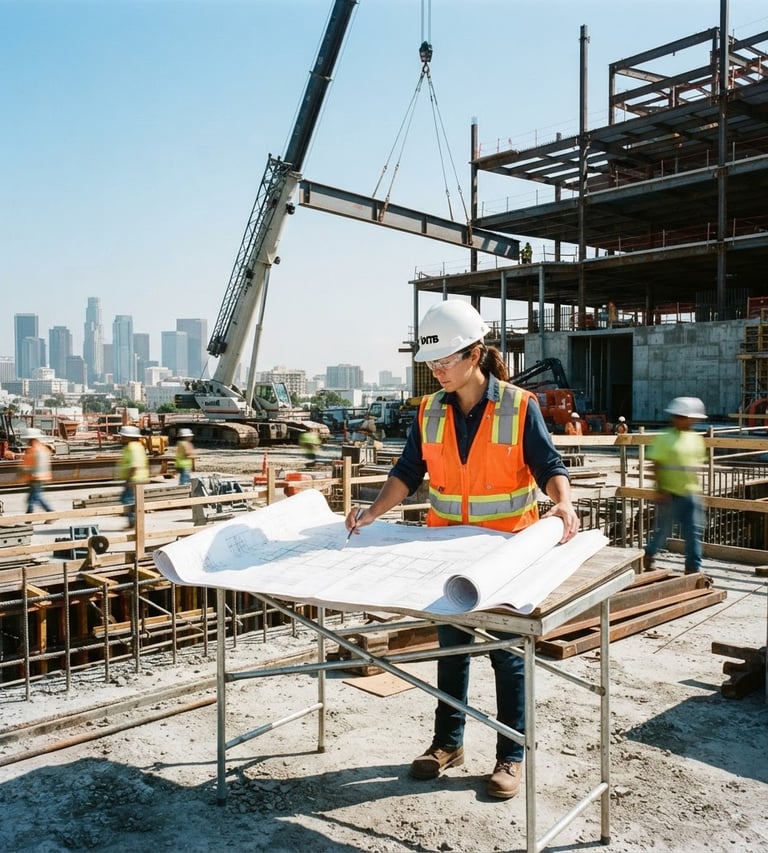 Wide shot of a structural engineer in a hard hat reviewing physical blueprints on an active commercial construction site, a large steel beam being hoisted by a crane in the background, bright California daylight, high-contrast cool tones, crisp architectural lines, 35mm.