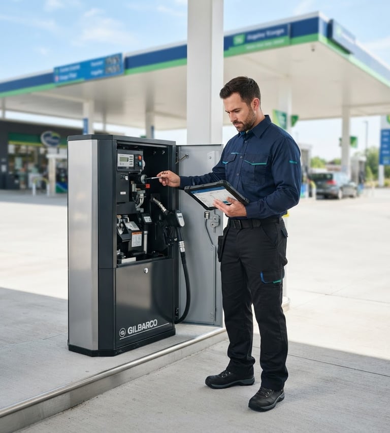 Profissional técnico em uniforme limpo, inspecionando um equipamento de posto de combustível com um tablet, luz do dia brilhante, foco nítido, em um posto de gasolina moderno.
