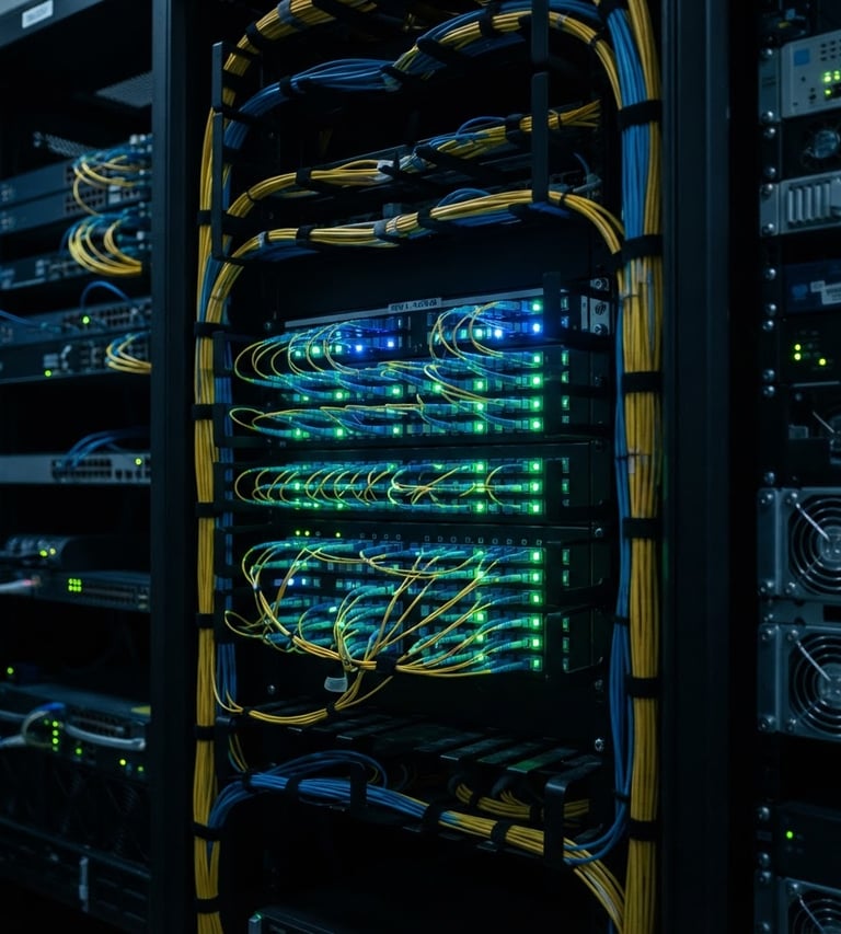 Close-up of clean, organized fiber terminations in a dark data center, glowing with cool blue and green status lights, sharp focus, industrial tech photography.