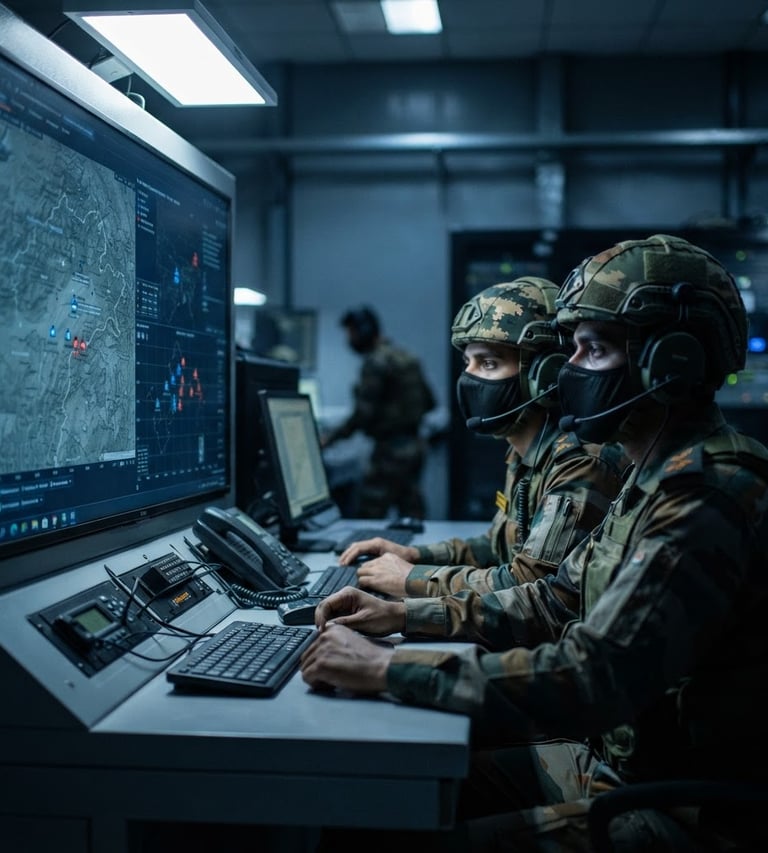Indian military personnel in a secure command center, wearing Silent Mask, focused on a tactical display, dramatic side-lighting, cool steel-grey and deep blue tones, sharp focus, 50mm lens.