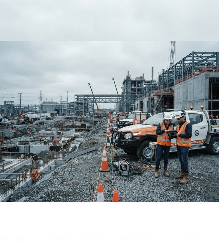 Wide panoramic industrial field photography of specialized compliance vehicles and field engineers in high-visibility gear at a construction site, overcast daylight, desaturated cool tones with safety orange accents, crisp details, 35mm lens, subject off-center to the right, generous negative space on the left.