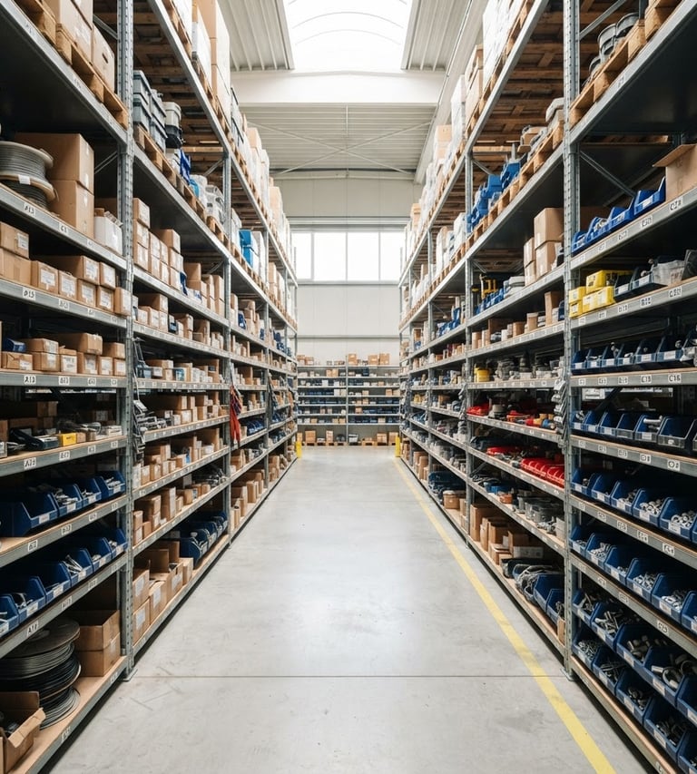 Wide, straight-on shot of organized warehouse shelves stocked with industrial hardware, bright natural daylight, crisp focus, no people, clean environment.
