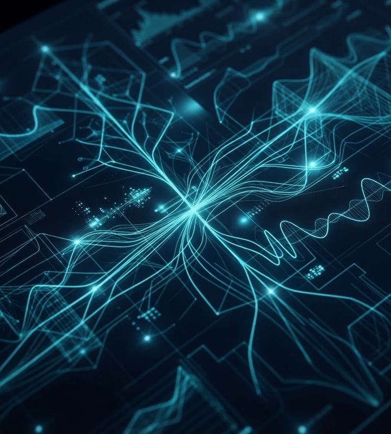 Macro close-up of a high-end financial terminal interface displaying abstract data flows, neon-cyan lines highlighting structural patterns, low-key moody lighting, deep navy background.