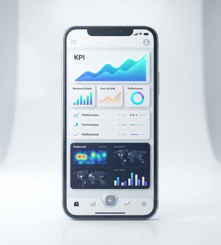 Straight-on clean digital 3D render of a mobile application interface showing enterprise analytics, bright high-key studio lighting, pure white and soft gray background, sharp focus